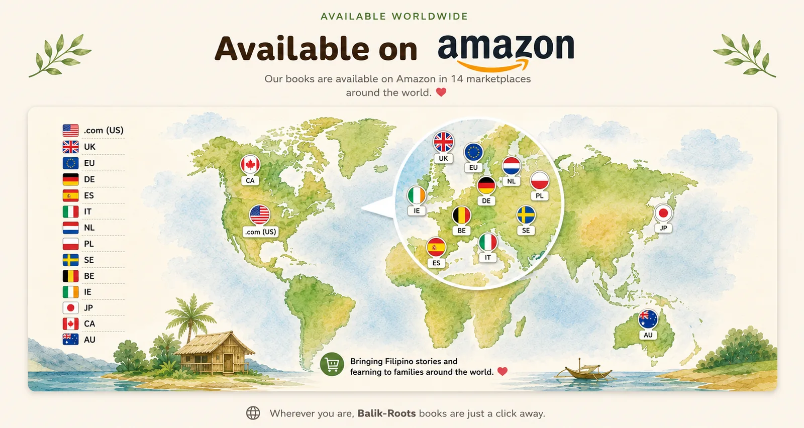 World map showing Balik-Roots books available across Amazon marketplaces worldwide.