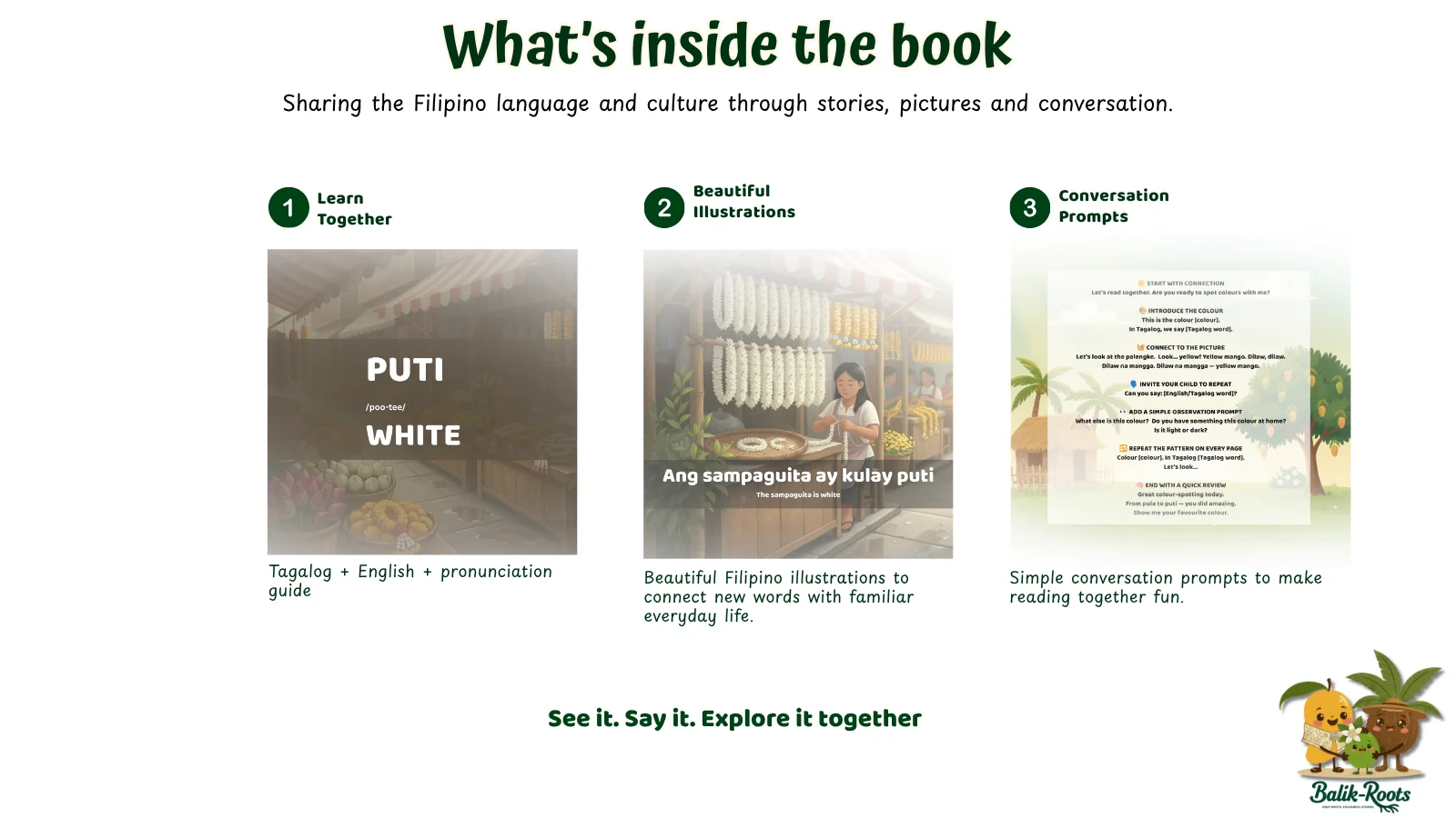 Educational layout showing how Mga Kulay sa Palengke supports family learning.