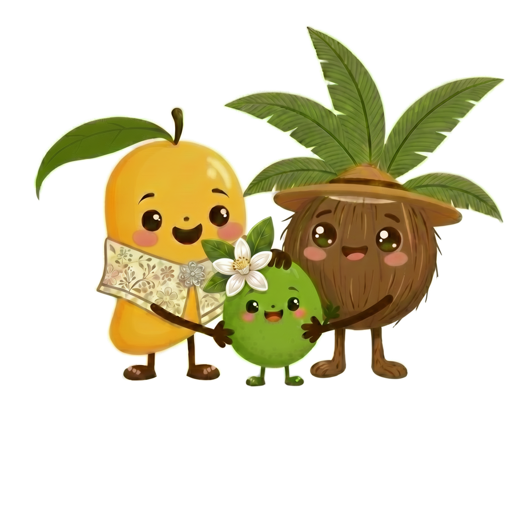 Balik-Roots kawaii characters — Mangga, Calamansi, and Niyog